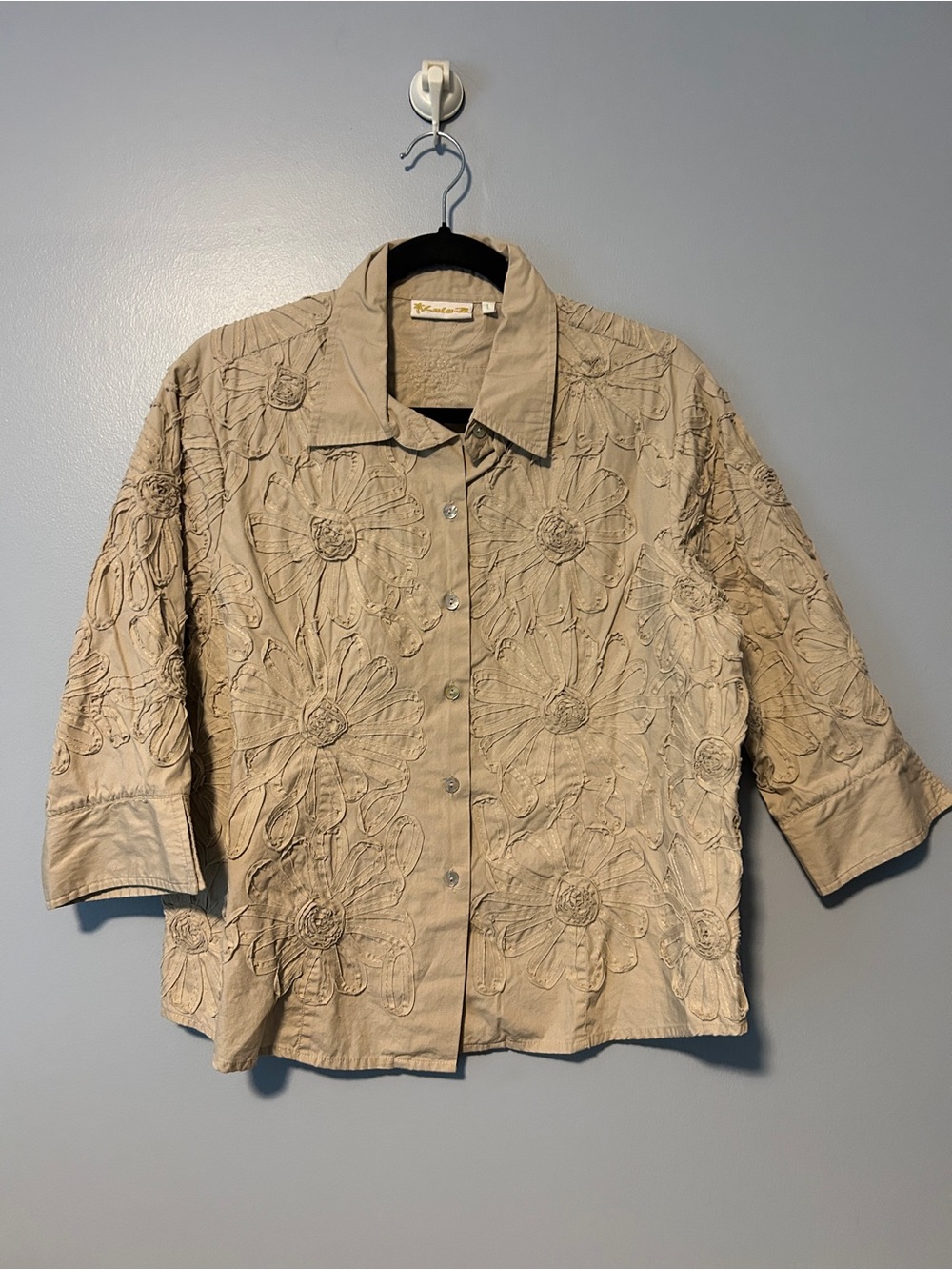 Embroidered Floral Button-Front Jacket - Neutral Beige